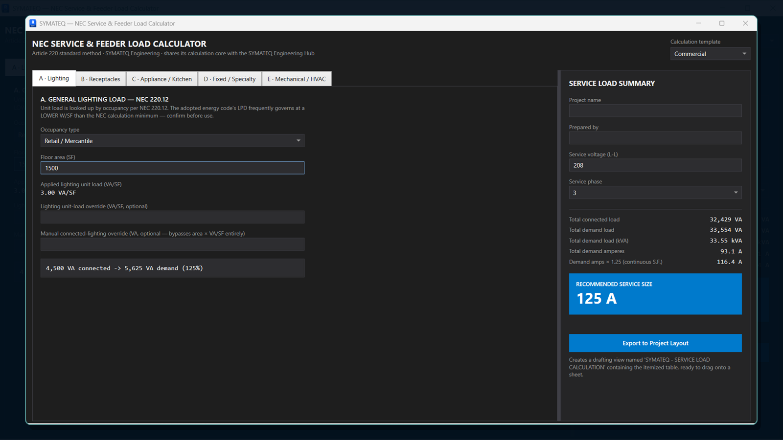 General Lighting Load, NEC 220.12 — occupancy-based VA/SF lookup with a live Service Load Summary on the right.